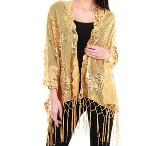 Gold Flower Sequin Fringed Scallop Border Evening Wrap Shawl Scarf Prom Formal